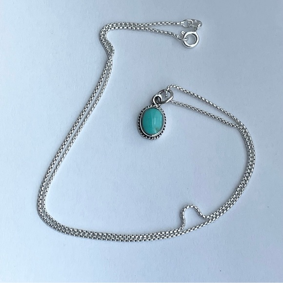 Jewelry - Sterling Silver Small Dainty Oval Synthetic Turquoise Necklace, Silver Necklace